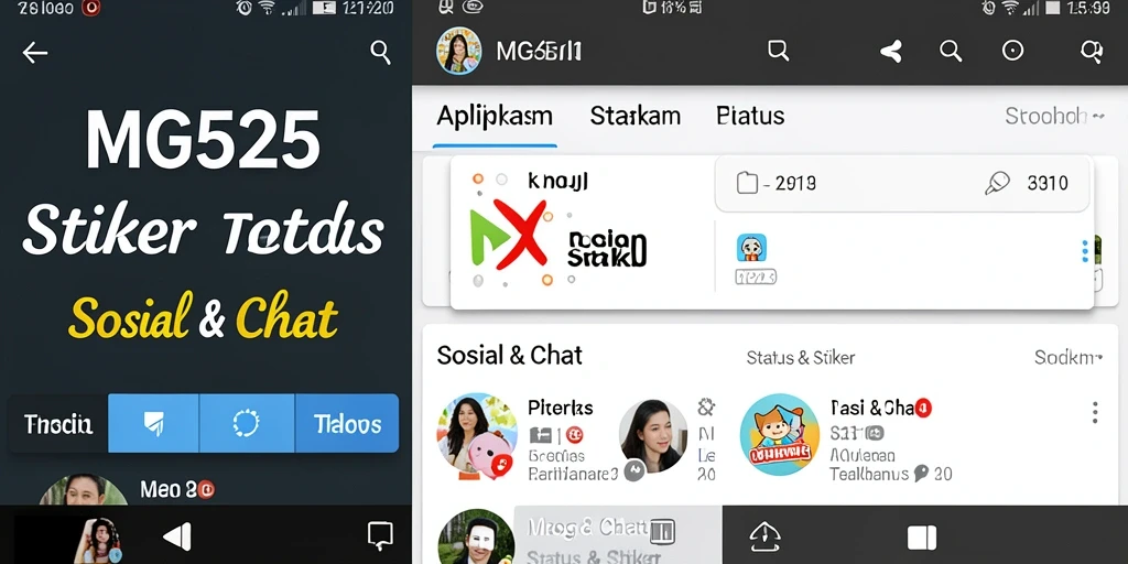Screenshot aplikasi MG525 menampilkan beragam stiker menarik dan fungsionalitas chat.